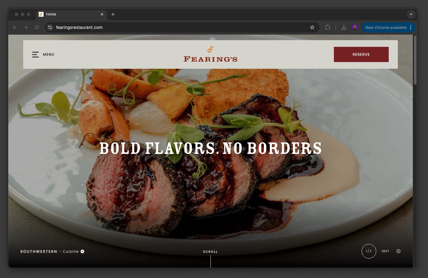 This is an image of what the Fearing's Restaurant website looks like. It shows a few different foods on a white plate. 