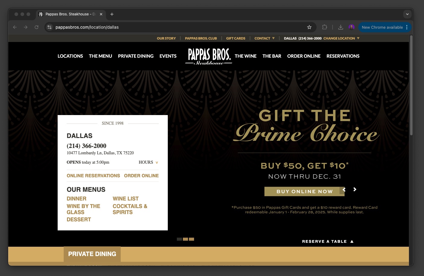 This is an image of what the Pappas Bros. Steakhouse website looks like. It shows a phone number for website visitors to contact the restaurant, and an address as well. 