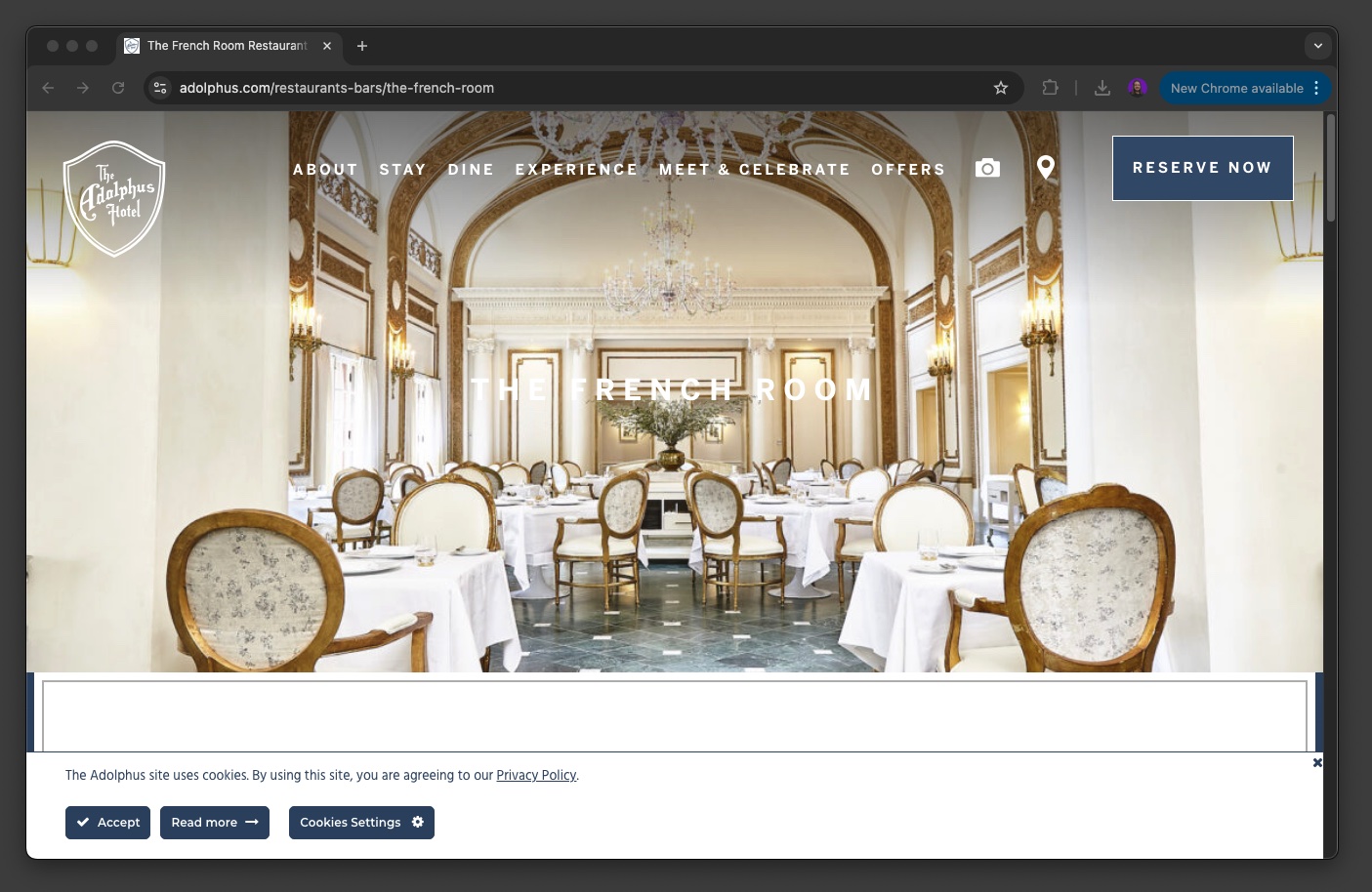 This is an image of what The French Room restaurant website looks like. It shows a very fancy set of dining tables. 