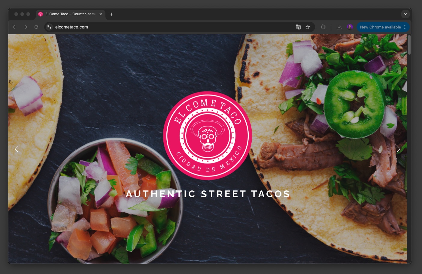 This is an image of what the El Come Taco restaurant website looks like. It features a nice restaurant logo and an image of some Mexican food. 