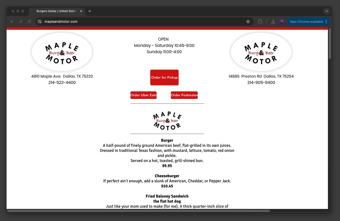 This is an image of what the Maple & Motor restaurant website looks like. It displays the hours during which the restaurant is open and displays the addresses of both locations. 