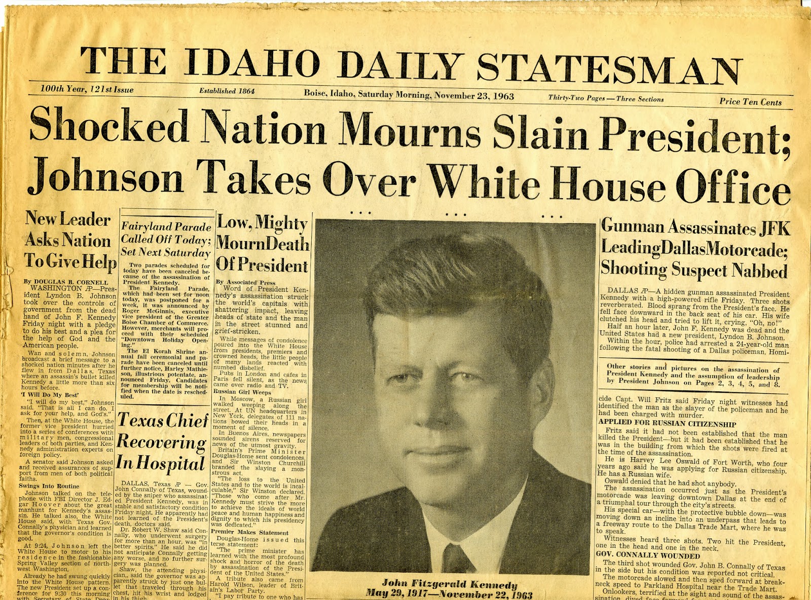 This image is a photo of a newspaper article that was published back in the day, announcing the death of John F. Kennedy. 