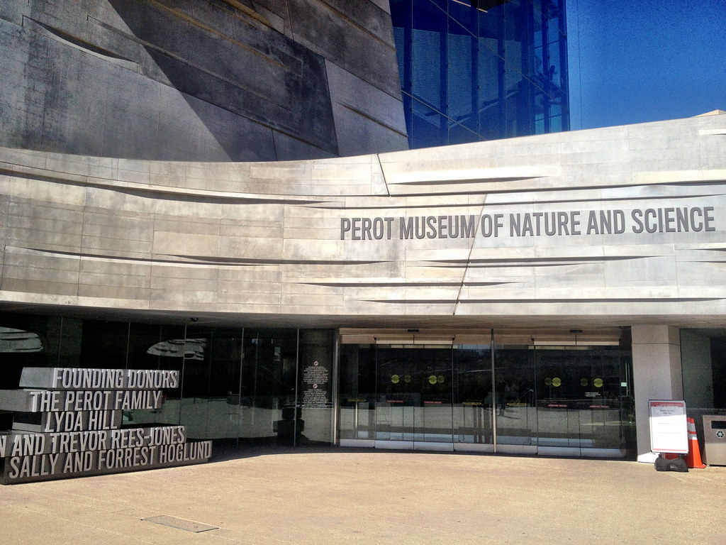 This is an image of the outside front of the Perot Museum of Nature and Science. 